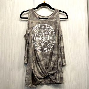 Christmas Camo Cold Shoulder Knot Top